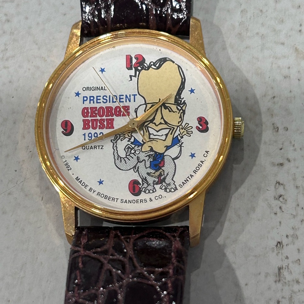 Vintage 'President George Bush' Collectible Wristwatch - Gold Tone, Brown Strap